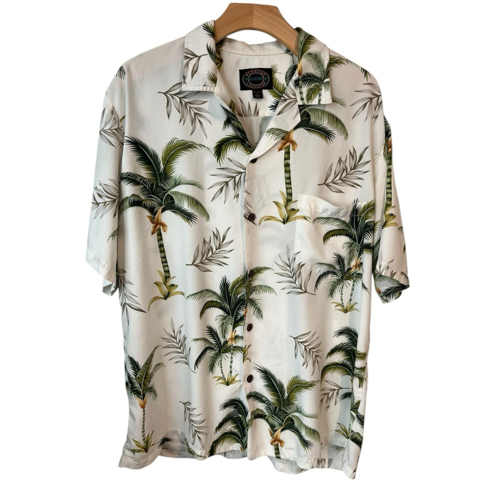 Hawaiian Reserve Collection White Palm Print Button Up Shirt Large